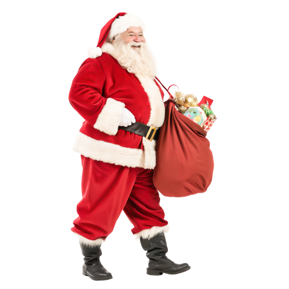 Jolly Santa Claus Walking with a Big Bag of Christmas Gifts png