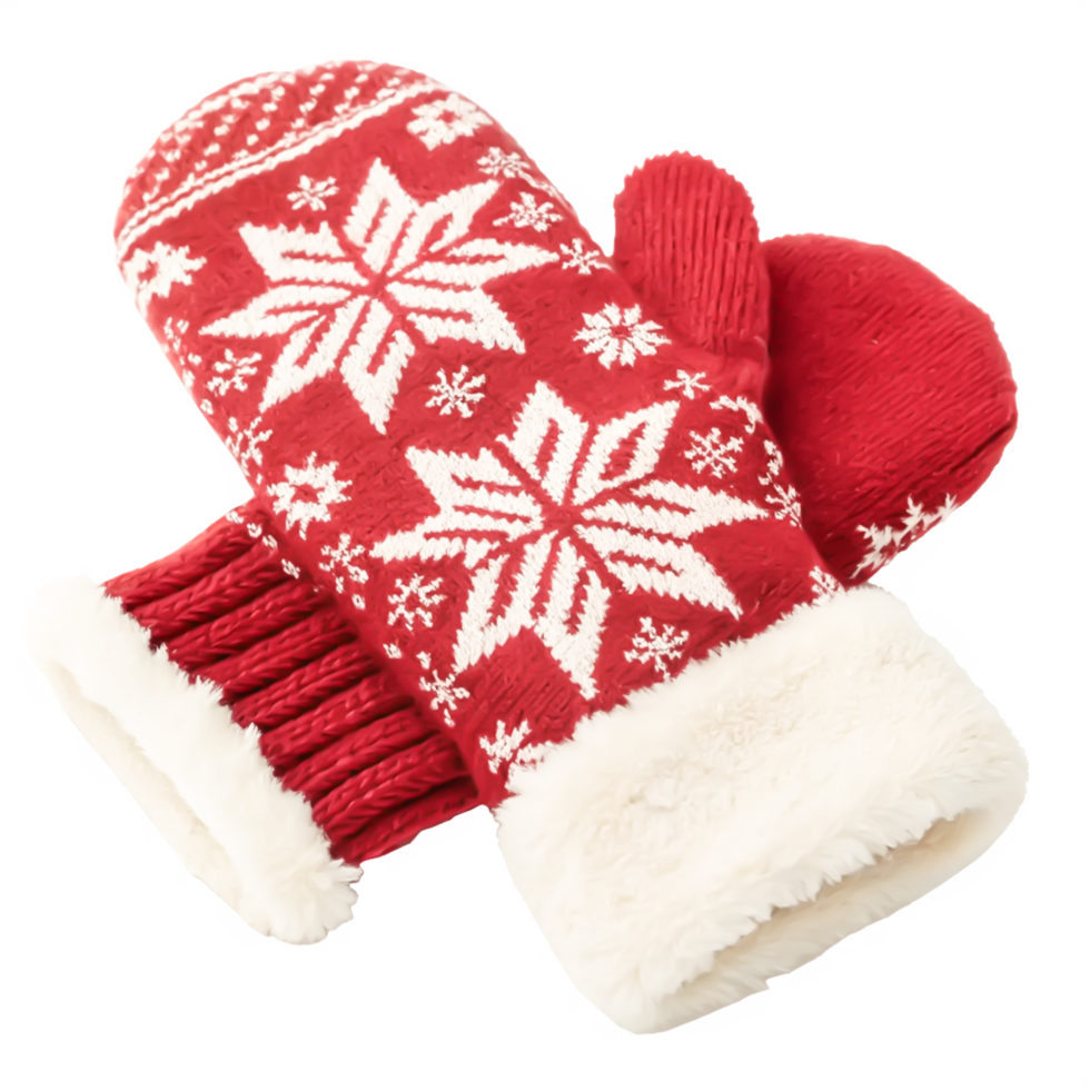 Red Knit Winter Mittens with Snowflake Pattern, Cozy Christmas Gloves png