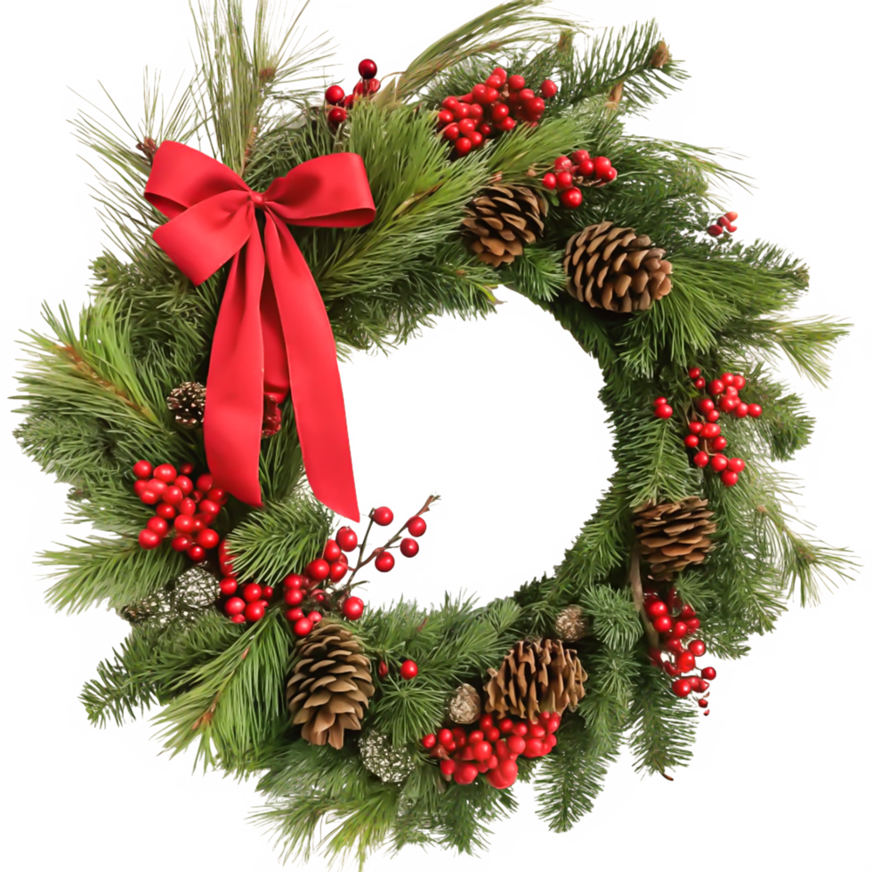 Festive Christmas Wreath with Red Bow, Pine Cones, and Berries png