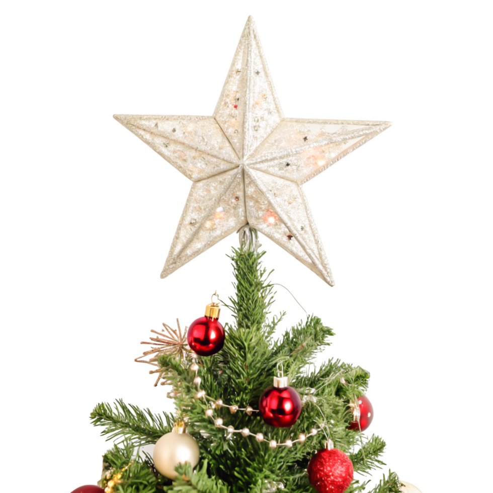 Sparkling Silver Christmas Tree Topper Star with Red and Gold Ornaments png