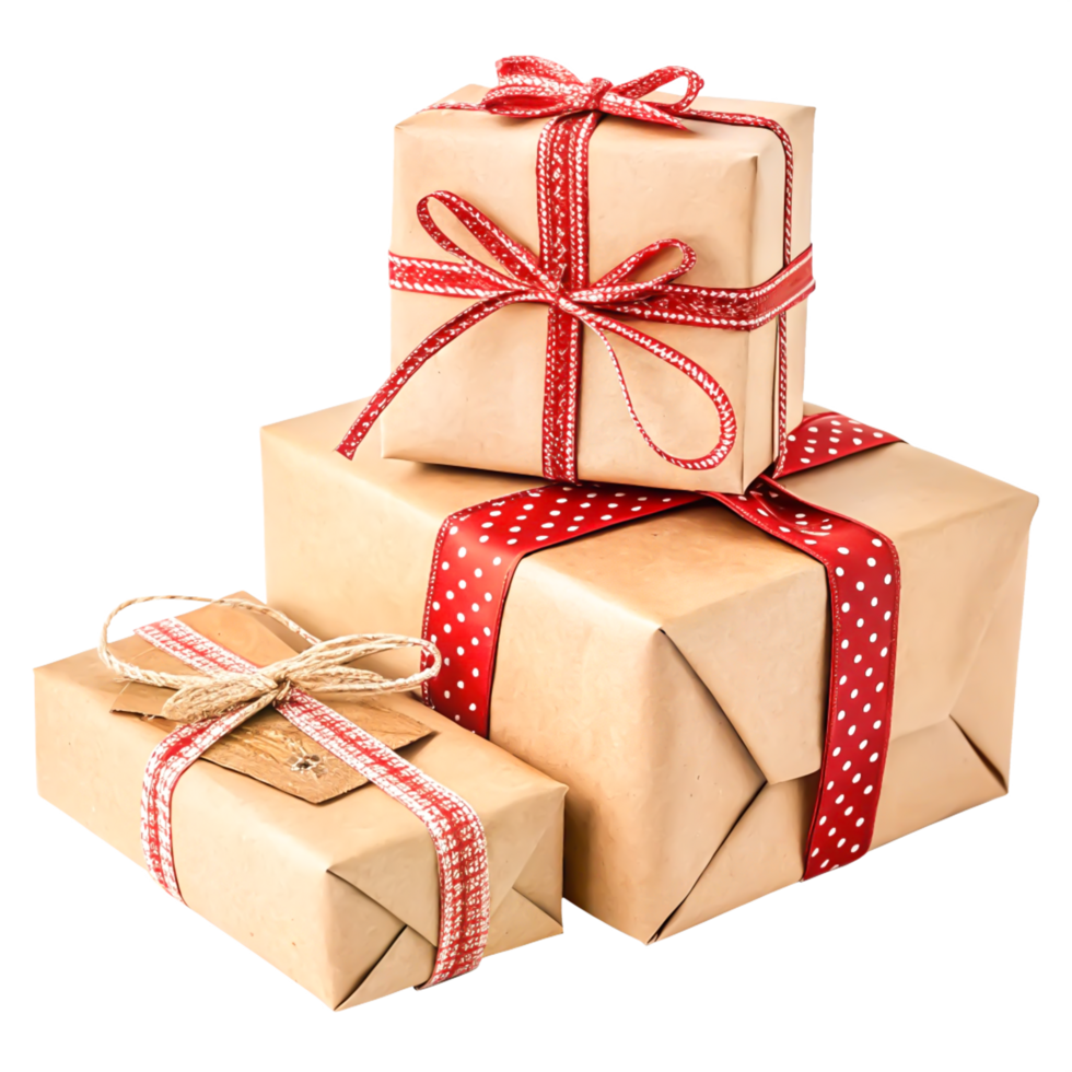 Stack of Beautifully Wrapped Kraft Paper Gift Boxes with Red Ribbons png