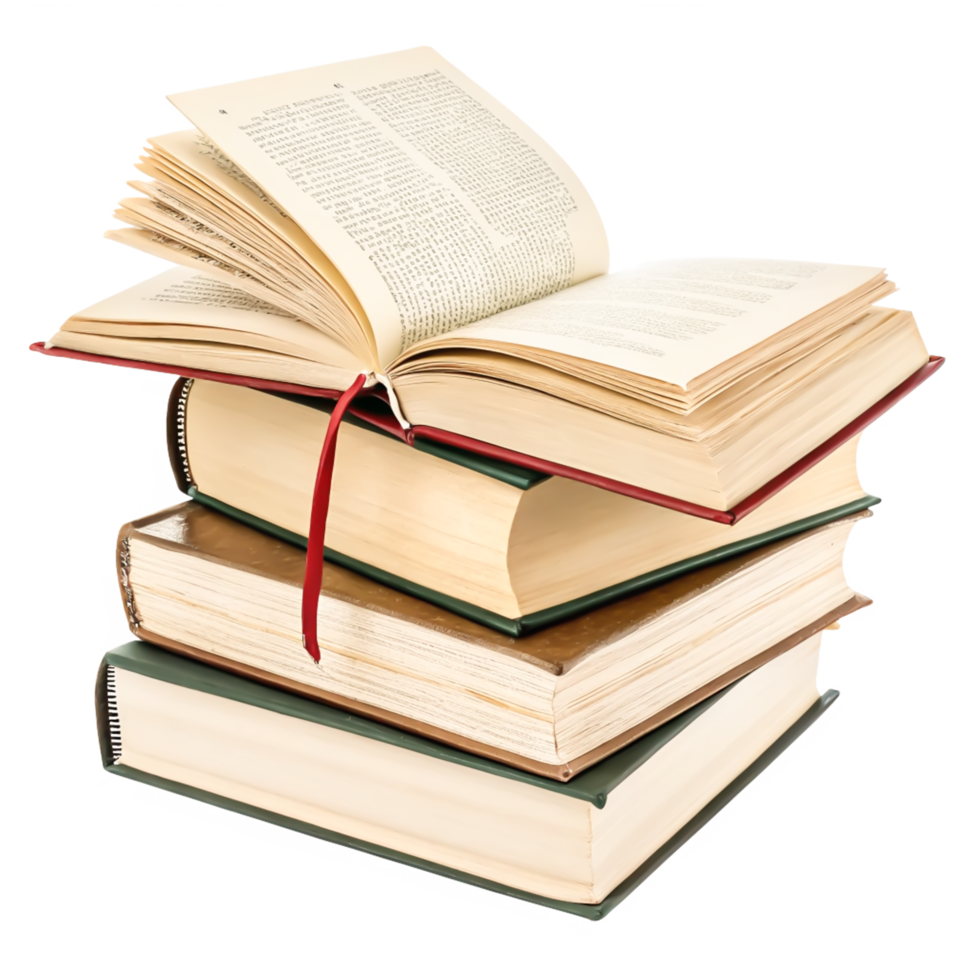 Stack of Old Books with Open Book on Top, Isolated on White Background png