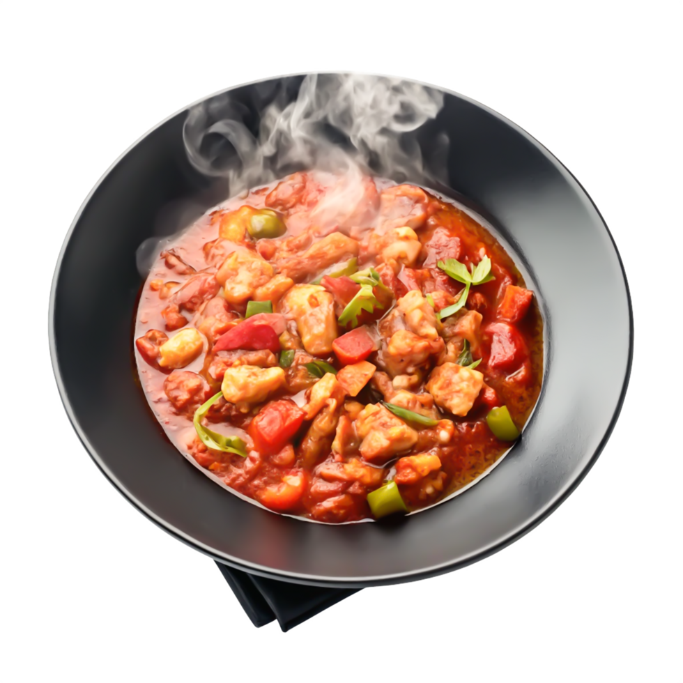 Steaming Hot Chicken Stew in Black Bowl, Delicious Tomato-Based Recipe png