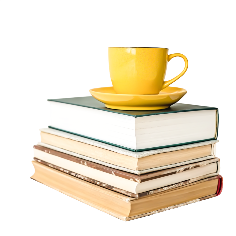 Yellow Teacup on Stack of Books Cozy Reading Still Life Photography png