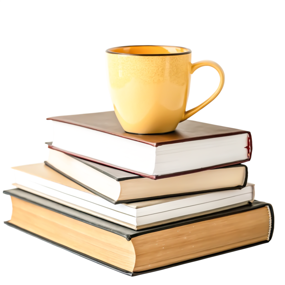 Stack of Books with Yellow Coffee Mug - Cozy Reading Concept png