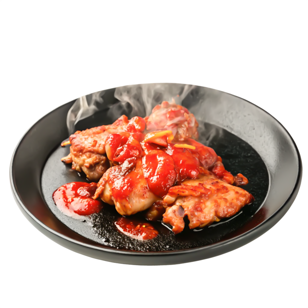 Steaming Hot Chicken Wings in Spicy Sauce on Black Plate png