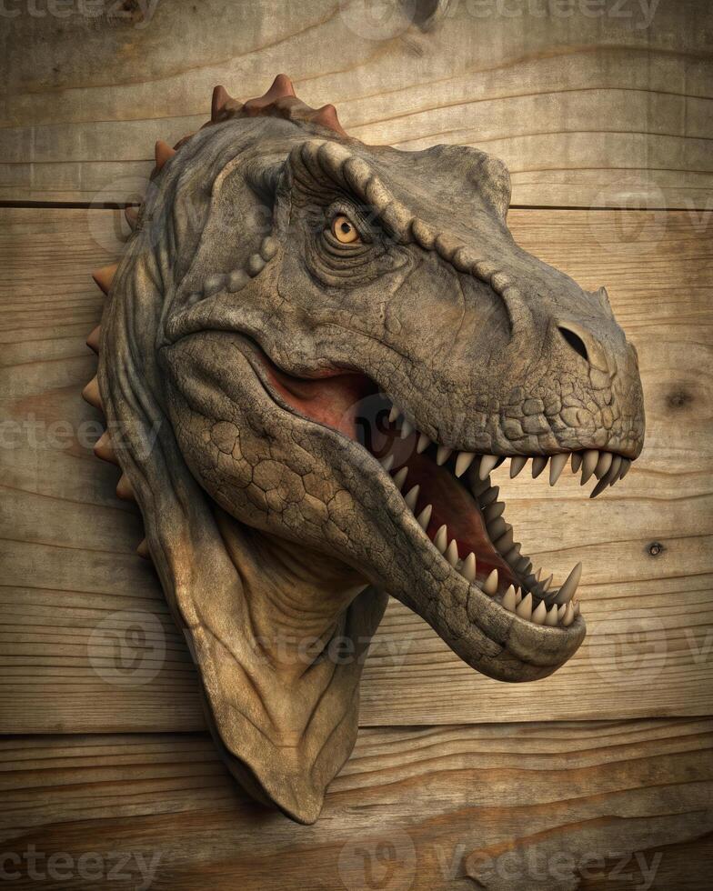 Realistic dinosaur head sculpture mounted on wooden wall photo