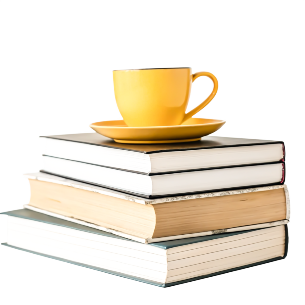 Yellow Coffee Cup on Stack of Books Cozy Reading Still Life Photography png