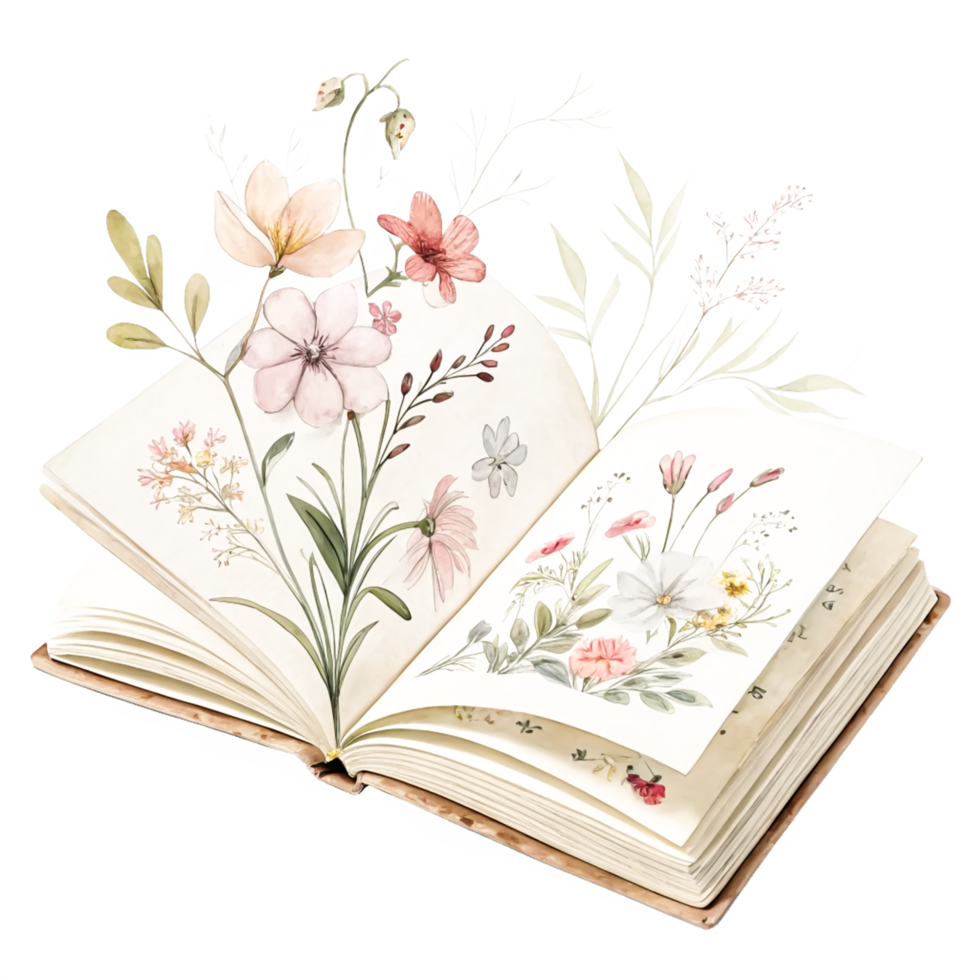 Watercolor Floral Book Illustration Open Notebook with Delicate Botanical Paintings png