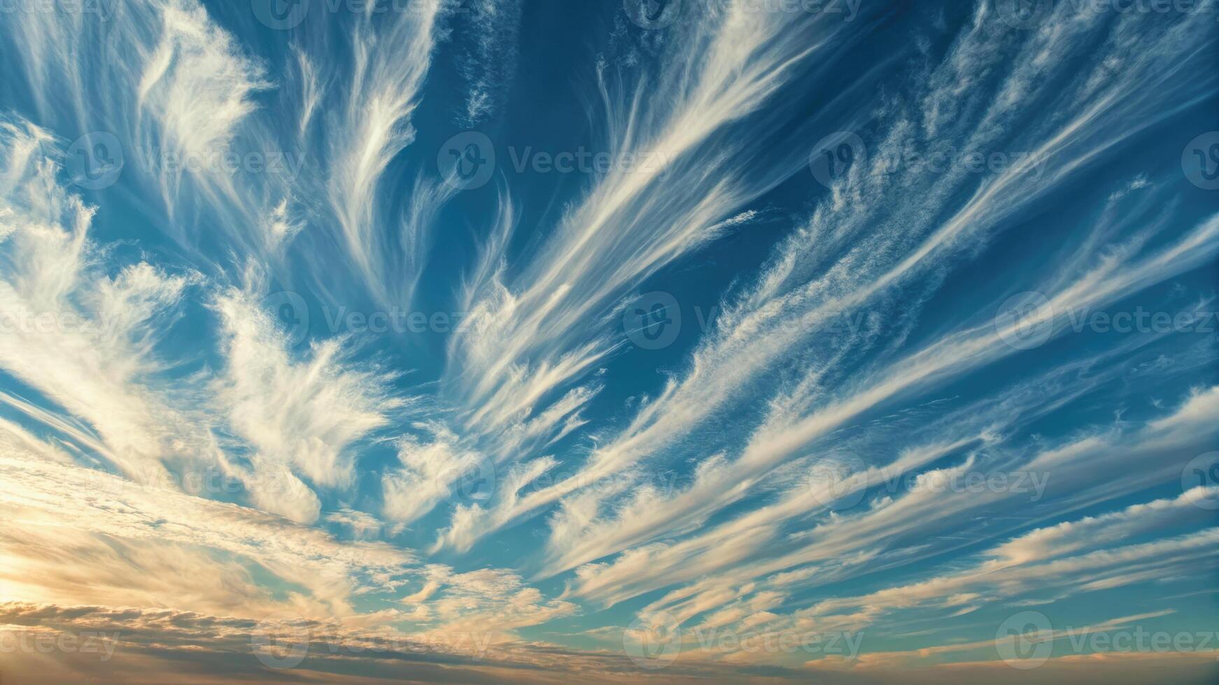 A stunning display of cirrus clouds sweeps across the deep blue sky on a bright day. photo