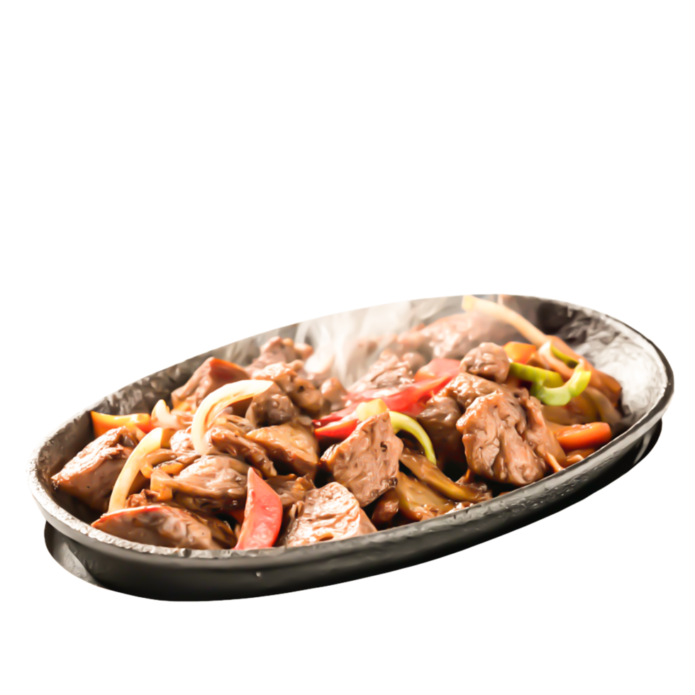 Delicious Beef Stir-Fry in Black Sizzling Pan, Asian Cuisine Food Photography png