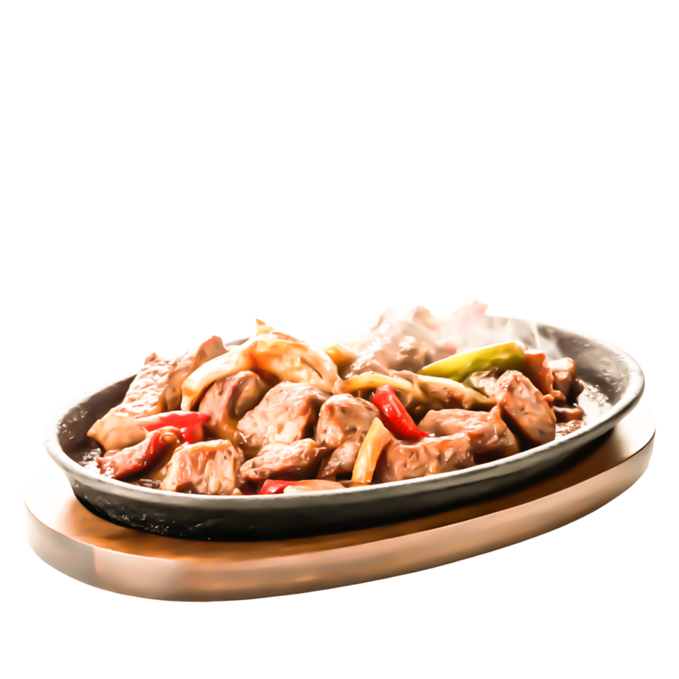 Delicious Sizzling Beef Steak with Peppers and Onions on Hot Plate png
