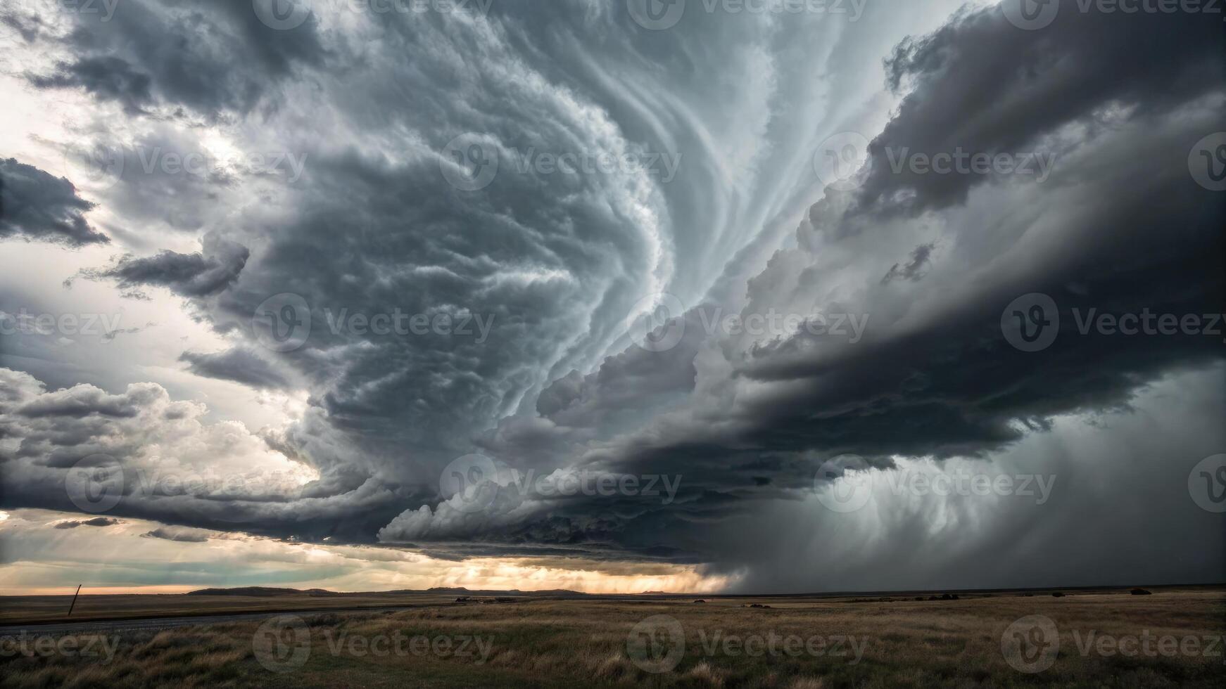 A dramatic supercell thunderstorm rolls over a rural field, filled with dark, ominous clouds and heavy rain. photo