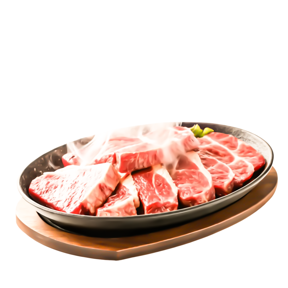Delicious Steaming Sizzling Beef Steak on Hot Plate, Raw Meat, Food Photography png