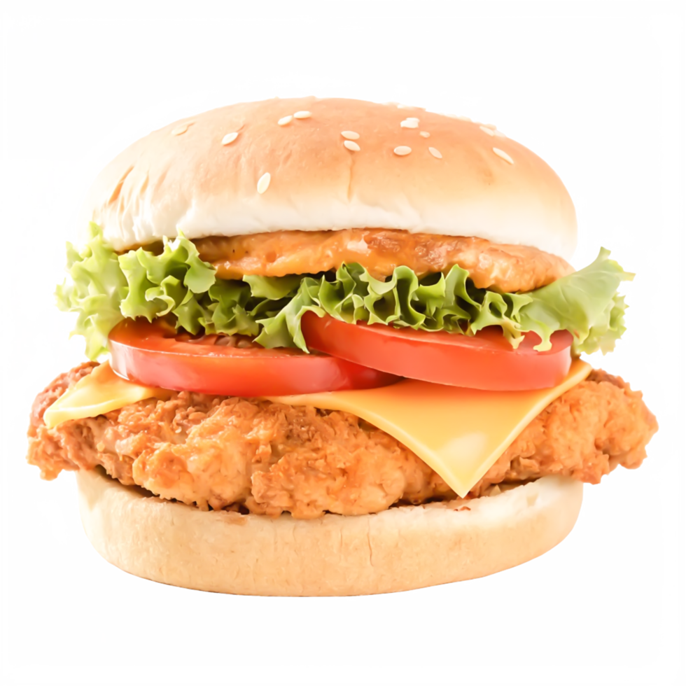 Delicious Crispy Chicken Burger with Cheese, Lettuce, and Tomato png