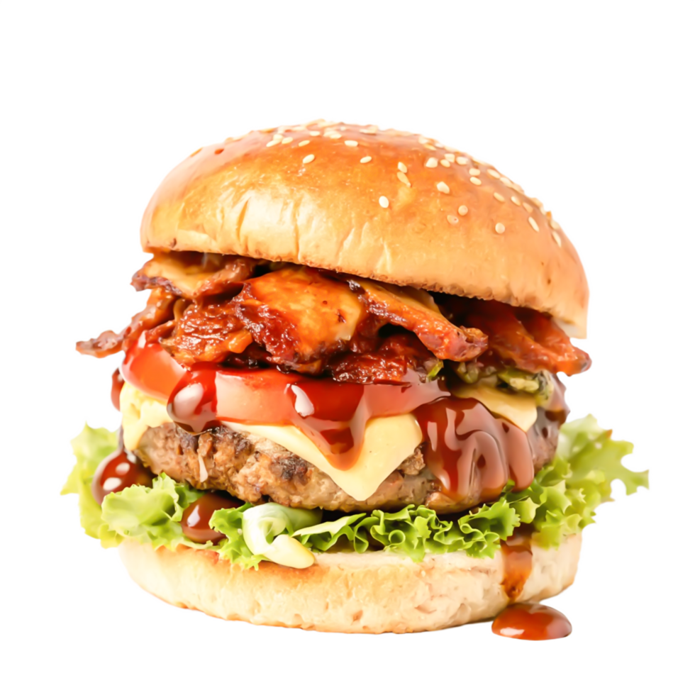 Delicious BBQ Bacon Cheeseburger with Sesame Bun, Close-up Food Photography png