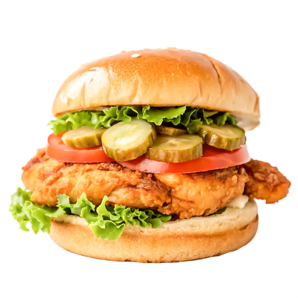 Delicious Crispy Fried Chicken Burger with Pickles and Lettuce png