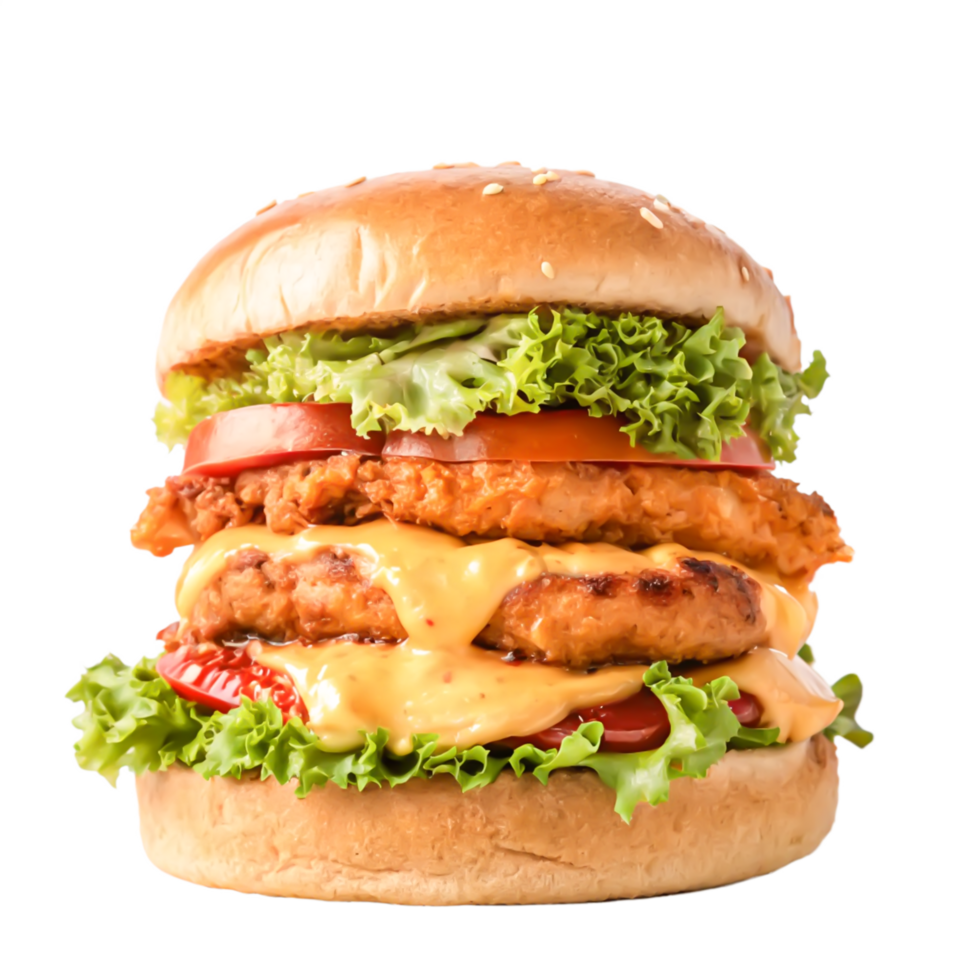 Delicious Double Cheeseburger with Crispy Chicken Patties, Lettuce, and Tomato png