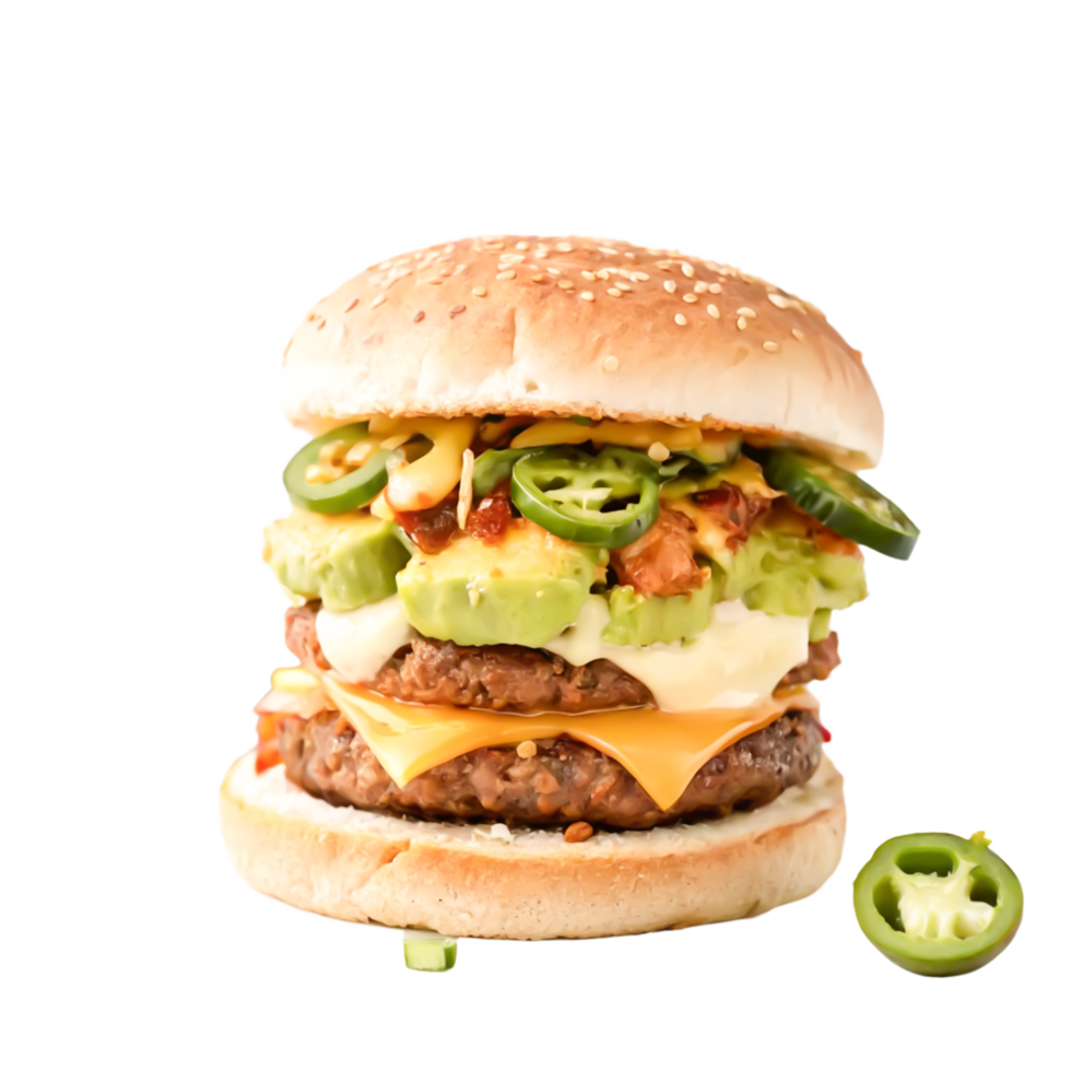 Delicious Double Cheeseburger with Jalapenos, Avocado, and Sesame Bun png