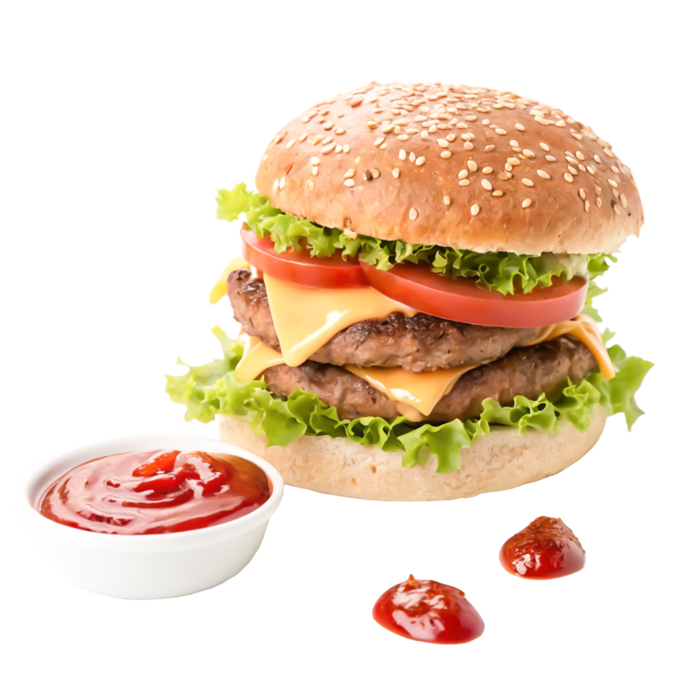 Delicious Double Cheeseburger with Ketchup, Fresh Lettuce, and Tomato png