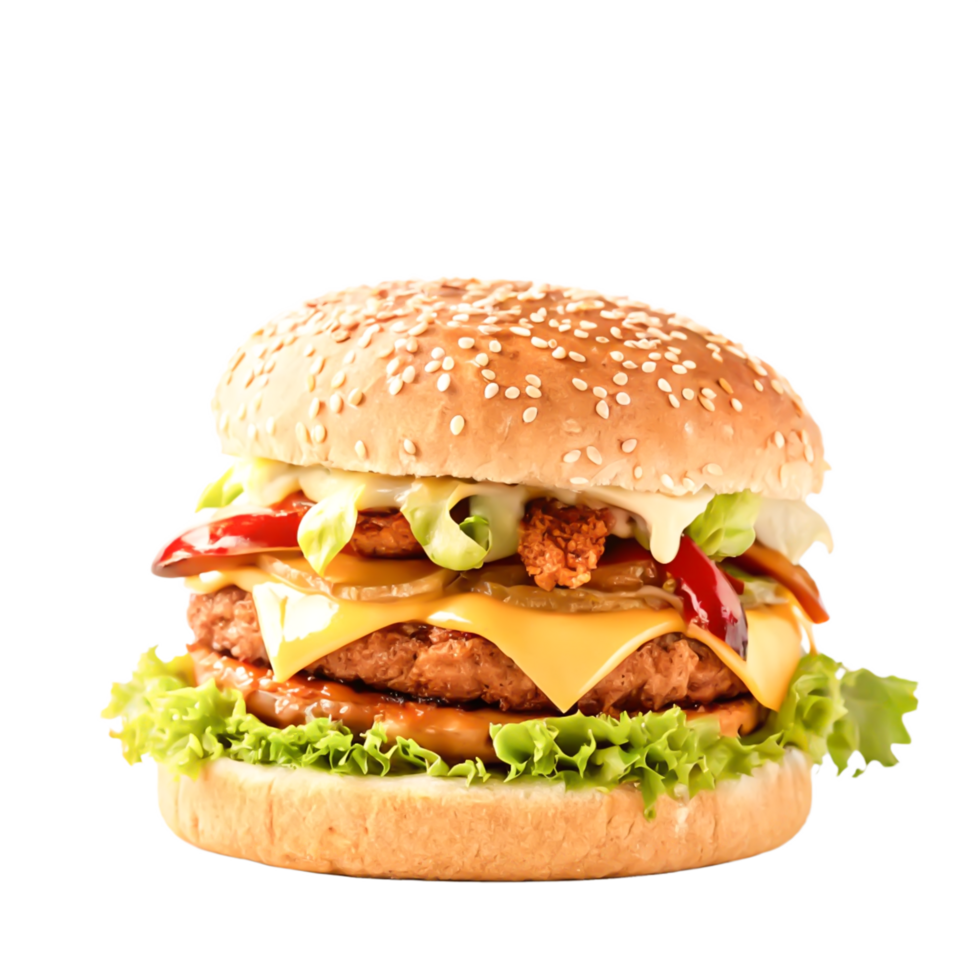 Delicious Double Cheeseburger with Sesame Bun, Lettuce, and Melted Cheese png