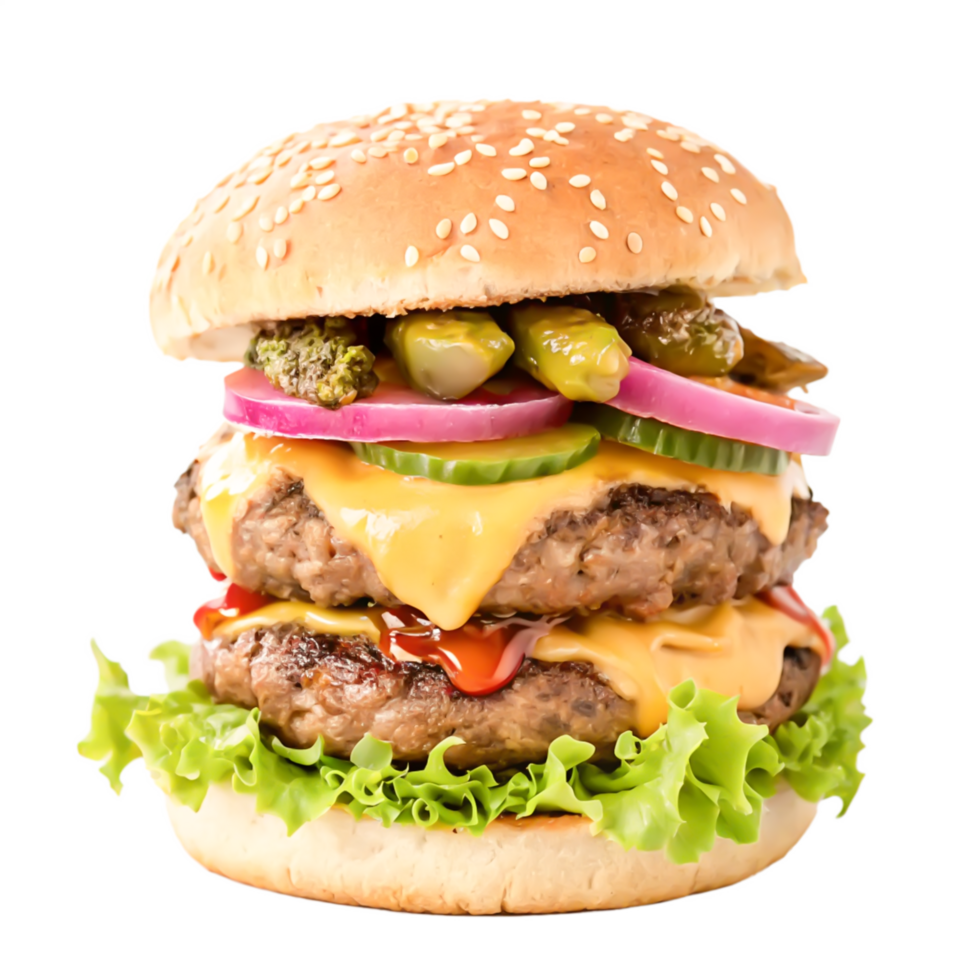 Delicious Double Cheeseburger with Sesame Bun, Asparagus, and Pickles png