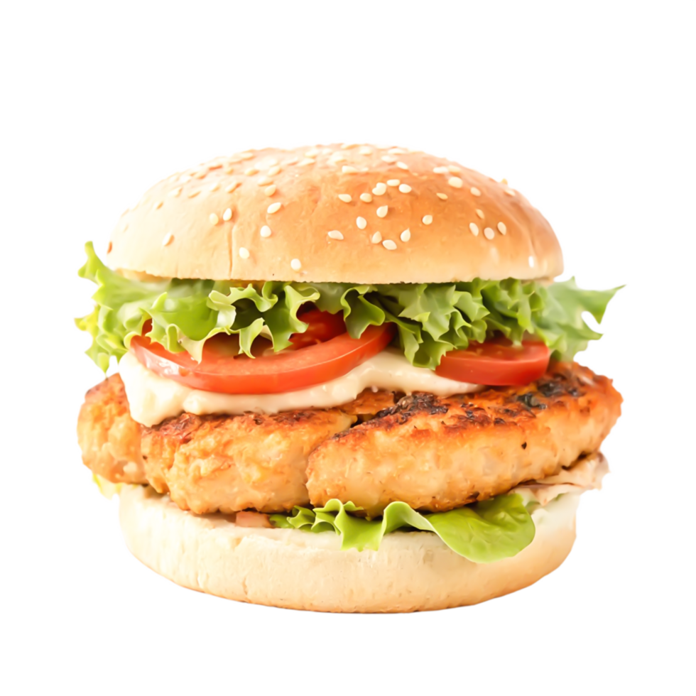 Delicious Grilled Chicken Burger with Sesame Bun, Lettuce, and Tomato png