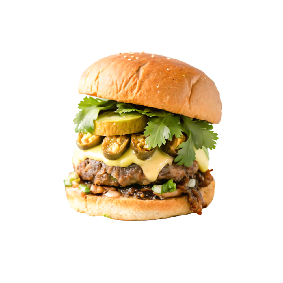 Delicious Gourmet Burger with Jalapenos, Pickles, and Cilantro on Sesame Bun png