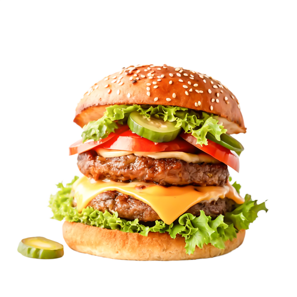 Juicy Double Cheeseburger with Sesame Bun, Lettuce, png