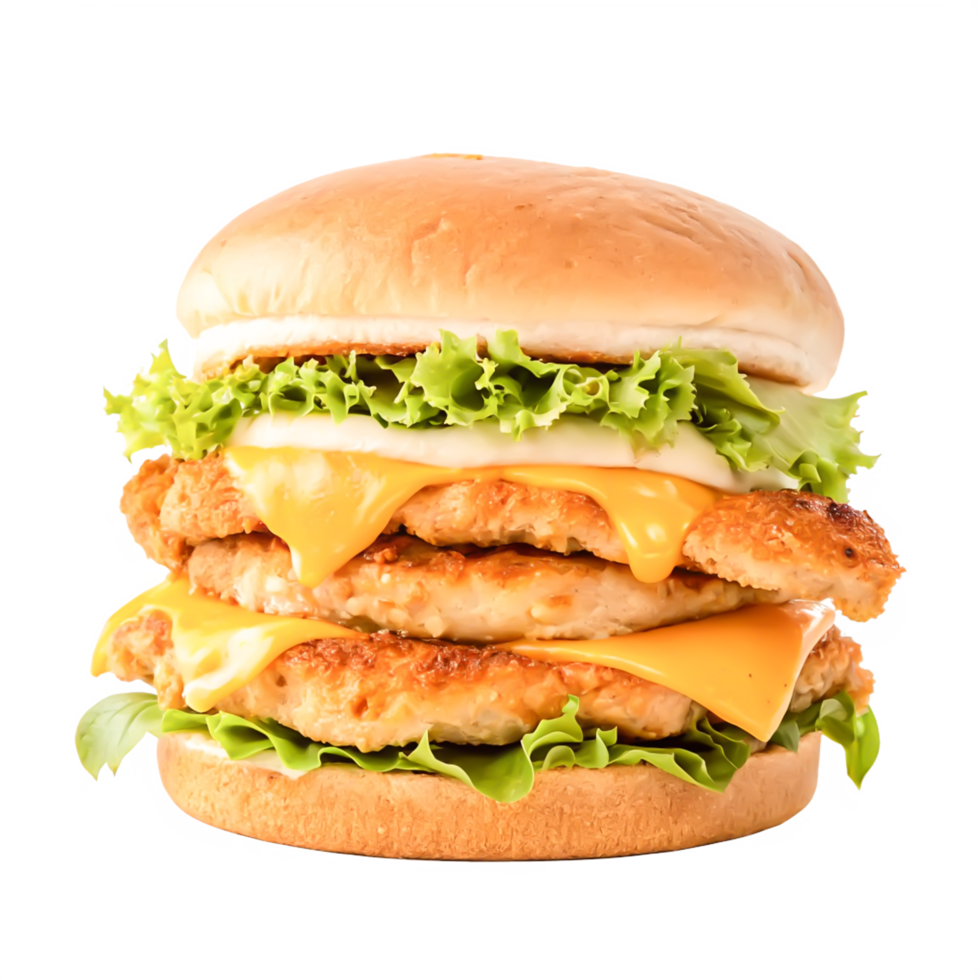 Delicious Triple Chicken Burger with Melted Cheese and Lettuce png