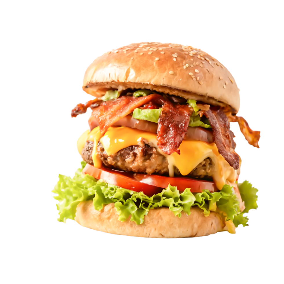 Juicy Bacon Cheeseburger with Melted Cheese, Lettuce, and Tomato png