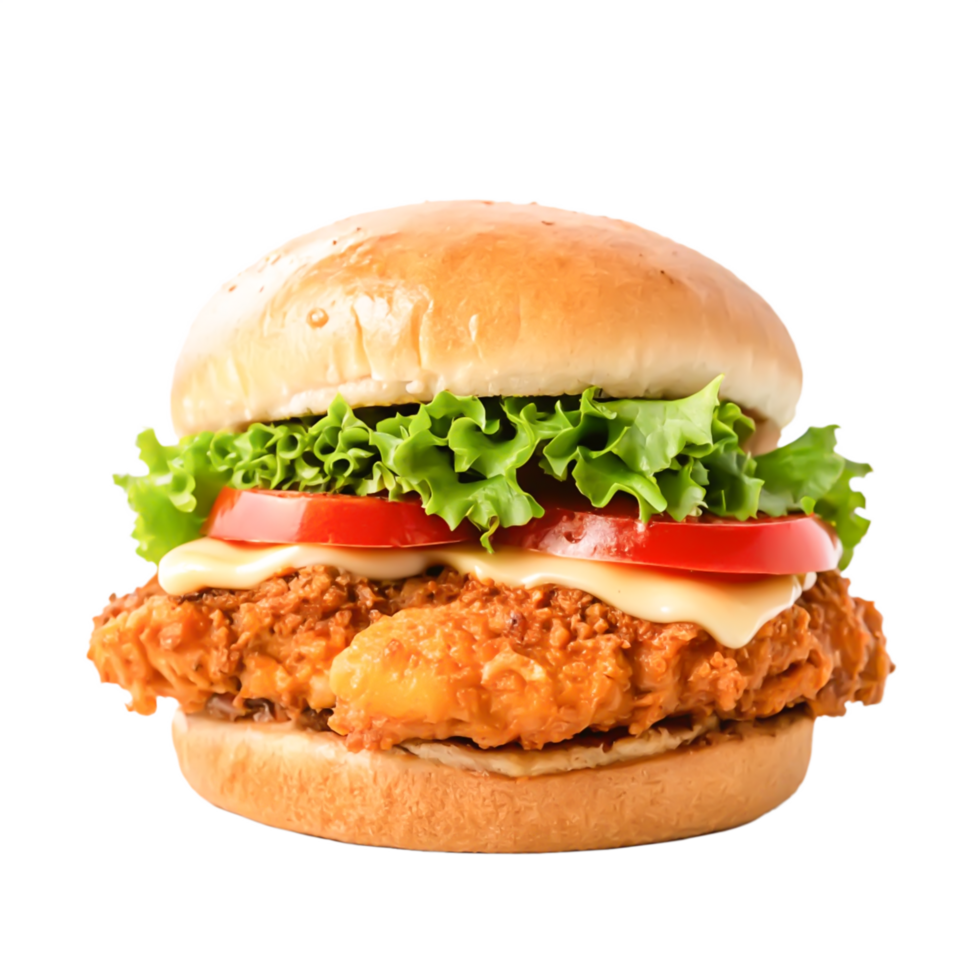 Delicious Crispy Chicken Burger with Cheese, Lettuce, png