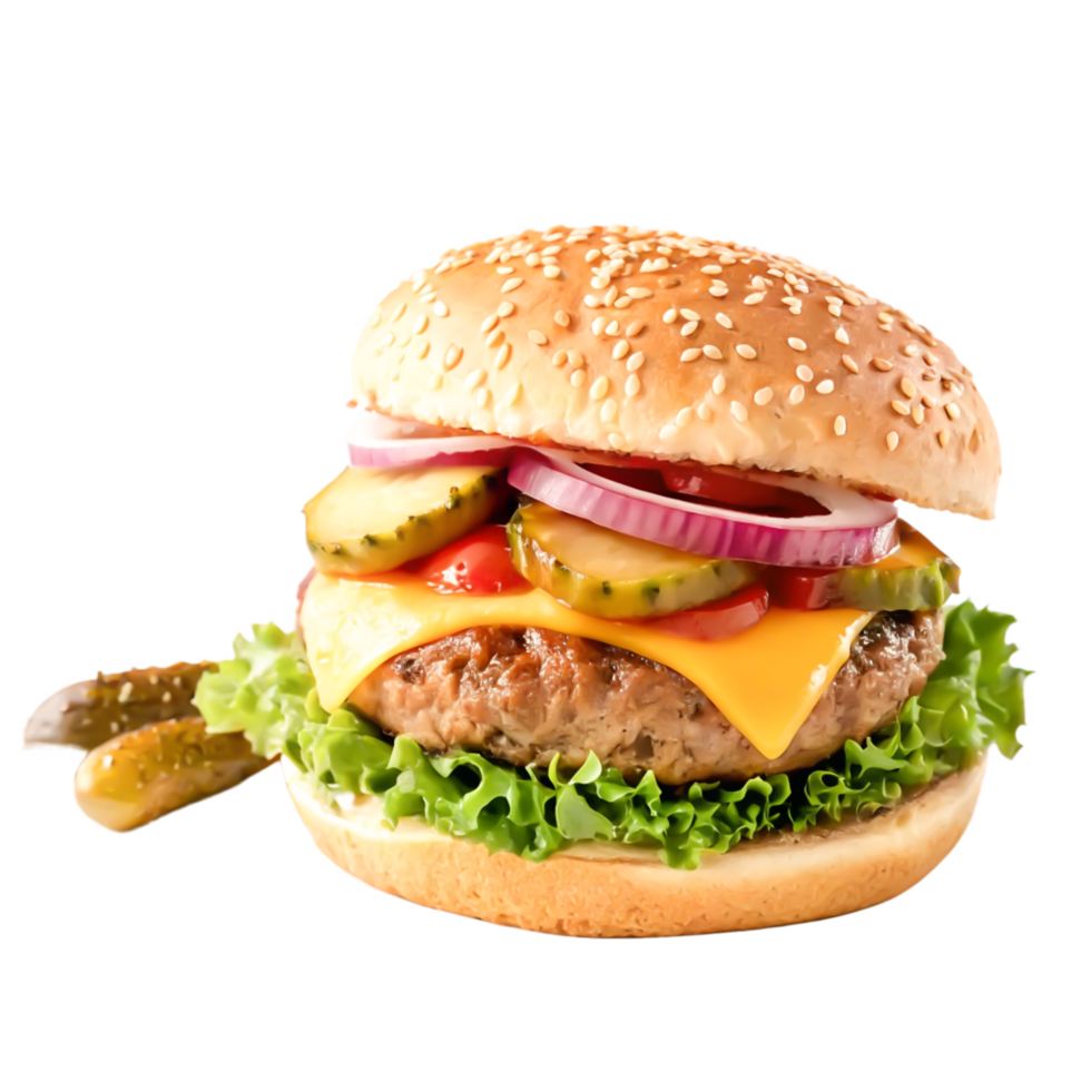 Juicy Cheeseburger with Sesame Bun, Lettuce, Pickles, and Onions png