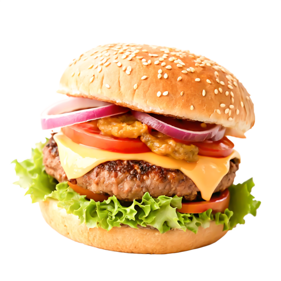 Juicy Cheeseburger with Sesame Bun, Lettuce, Tomato Onion Rings png