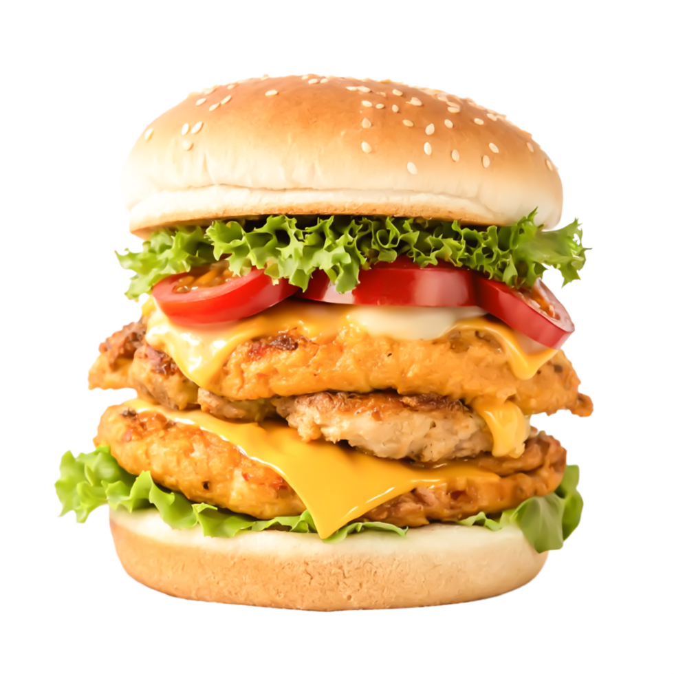 Delicious Double Chicken Burger with Cheese, Lettuce, png