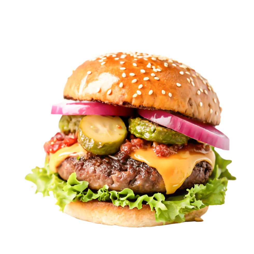 Juicy Cheeseburger with Sesame Bun, Pickles, Onions Lettuce - png