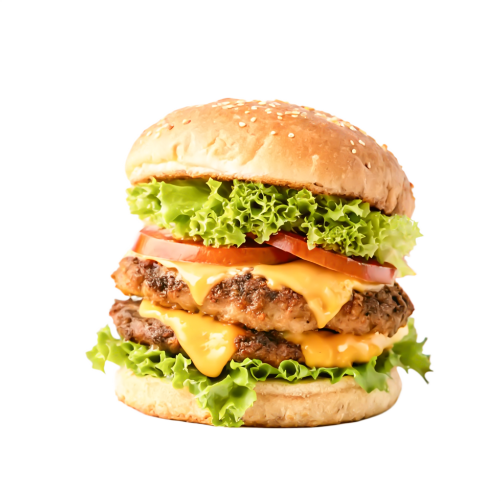 Juicy Double Cheeseburger with Lettuce, Tomato, and Sesame Bun - Fast Food png
