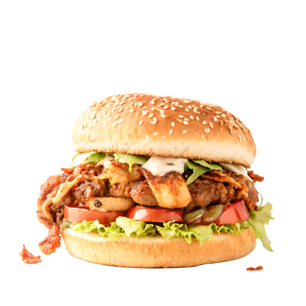 Juicy Delicious Sesame Burger with Bacon, Cheese, and Fresh Salad png