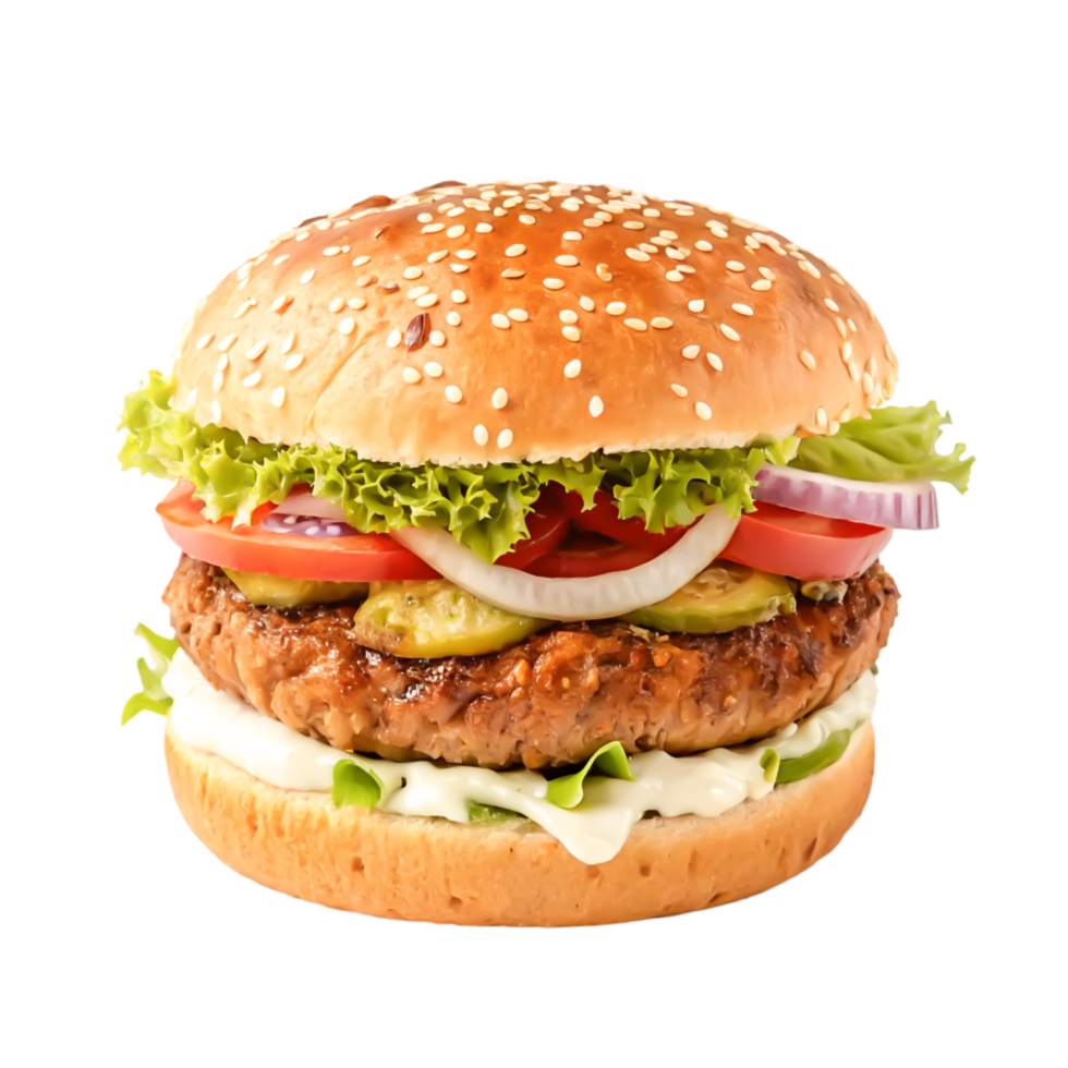 Juicy Sesame Burger with Lettuce, Tomato, Onion, and Pickles png