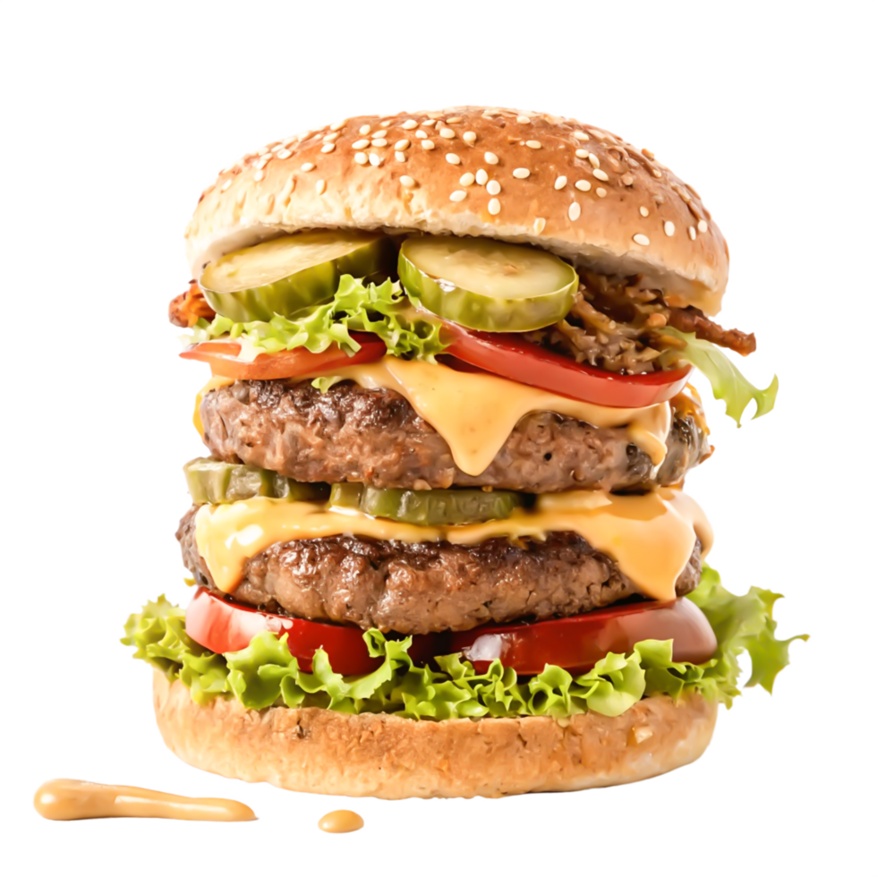 Juicy Double Cheeseburger with Sesame Bun, Lettuce, Tomato Pickles png