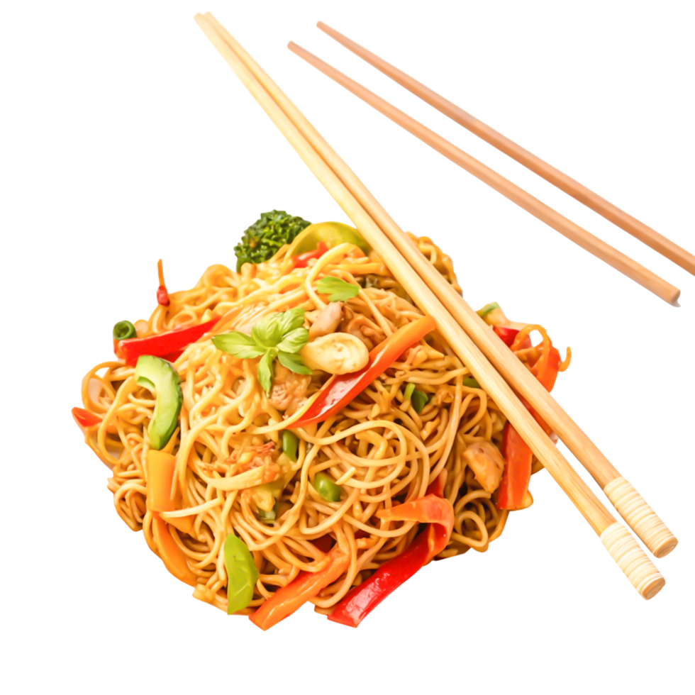 Delicious Chicken Lo Mein Noodles with Colorful Vegetables and Chopsticks png