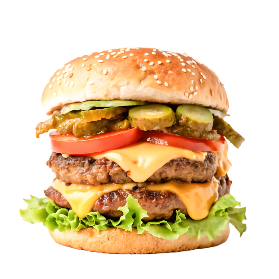 Juicy Double Cheeseburger with Sesame Bun, Pickles, and Lettuce png