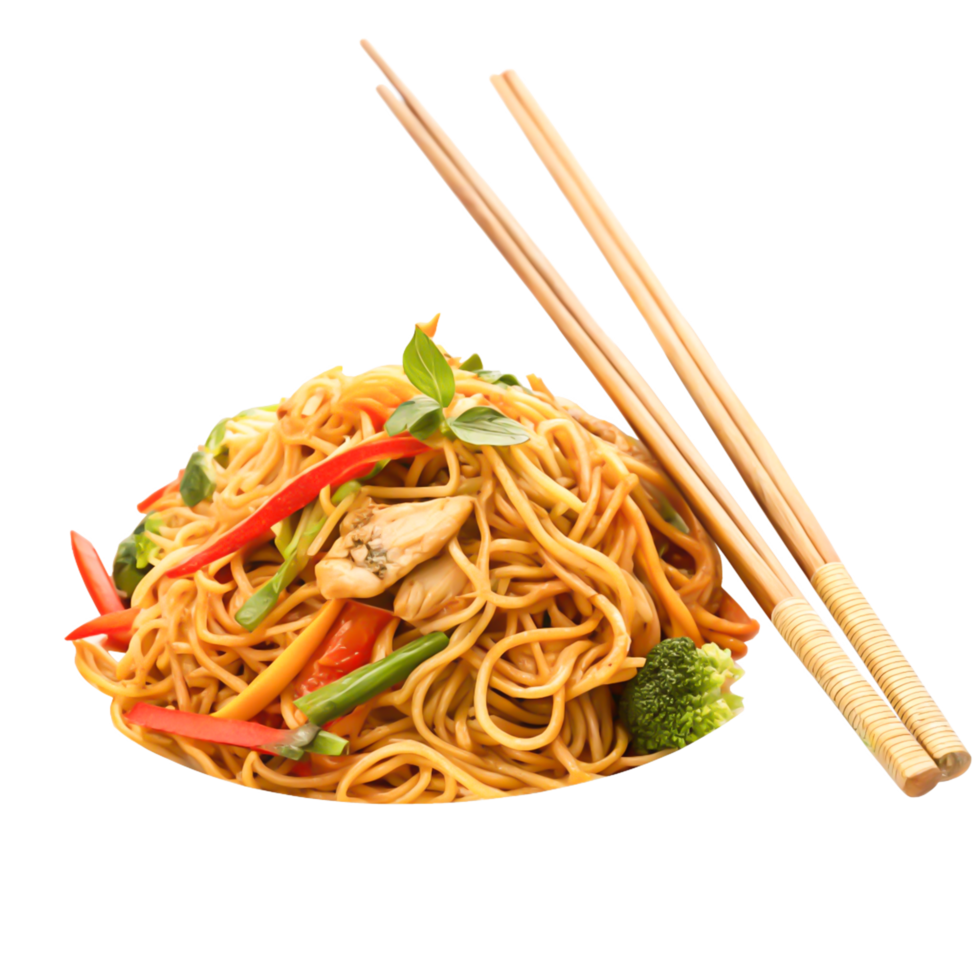 Delicious Chicken and Vegetable Lo Mein Noodles with Chopsticks - Asian Cuisine png