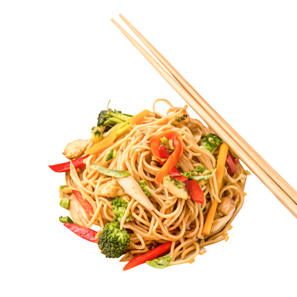 Delicious Chicken Lo Mein Noodles with Colorful Vegetables Chopsticks png