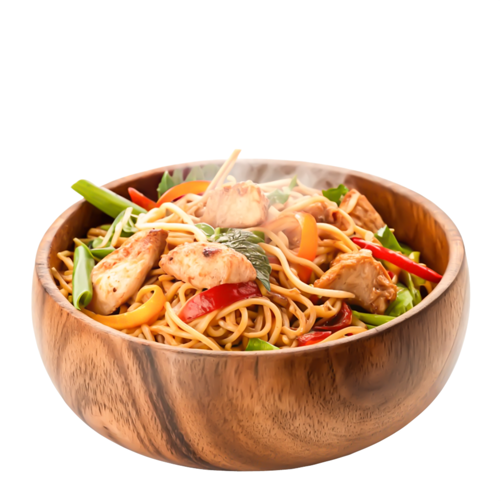 Delicious Steaming Chicken Stir-Fry Noodles in Wooden Bowl, Asian Cuisine png