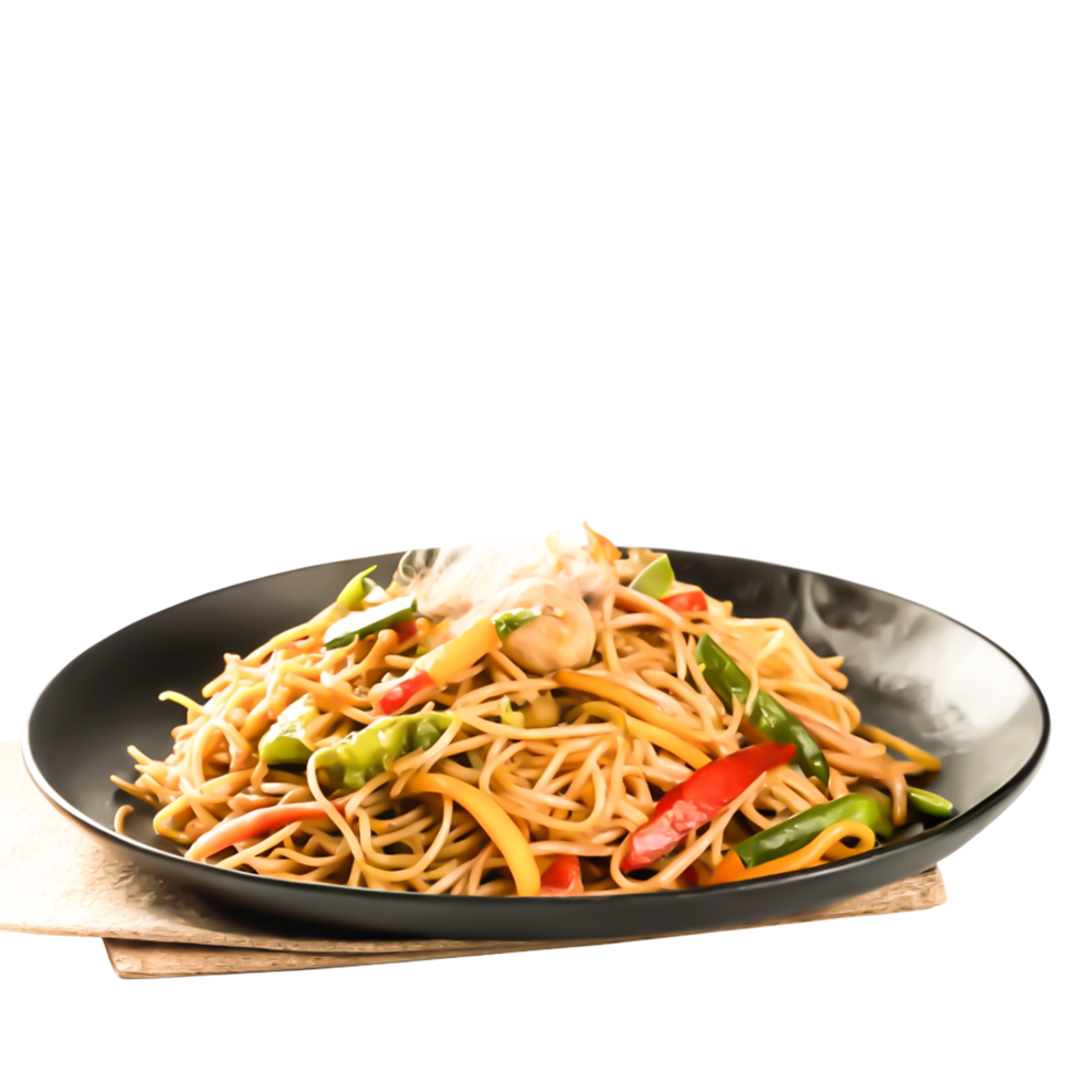 Delicious Steaming Noodles with Mixed Vegetables on Black Plate png