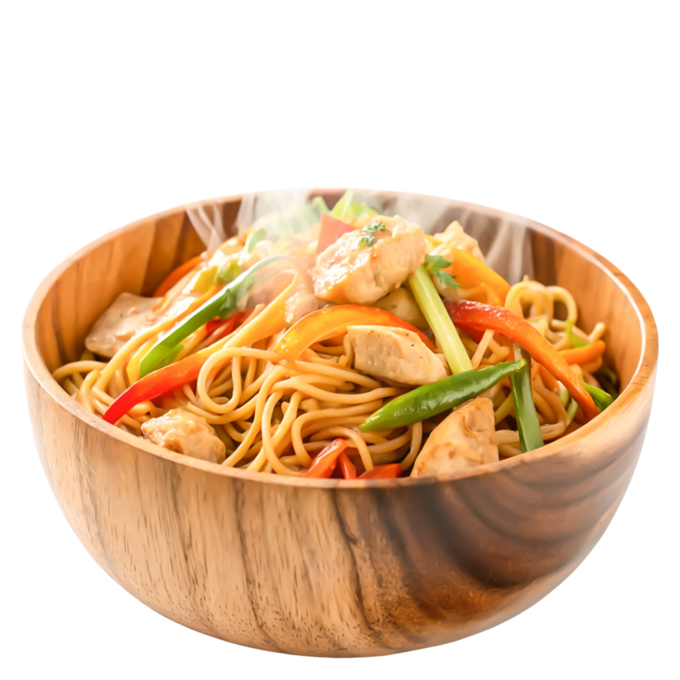 Delicious Steaming Chicken Lo Mein Noodles in Wooden Bowl Asian Cuisine Food png