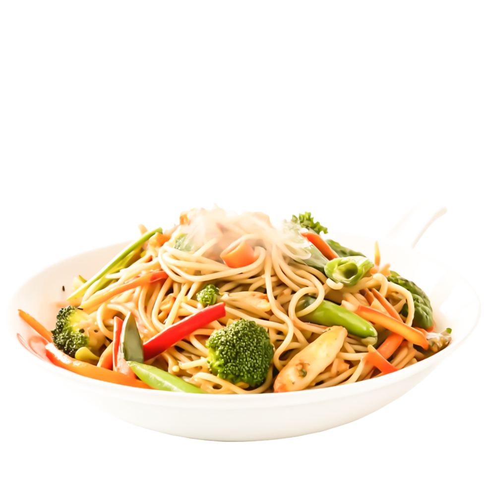 Delicious Steaming Vegetable Pasta Dish in White Bowl, Healthy Food Photography png
