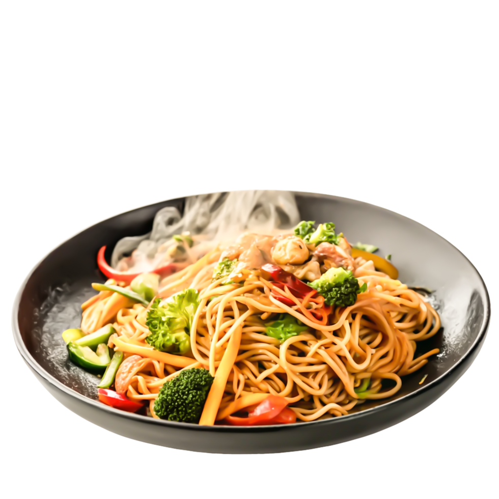 Delicious Steaming Noodles with Vegetables and Sauce in Black Bowl png