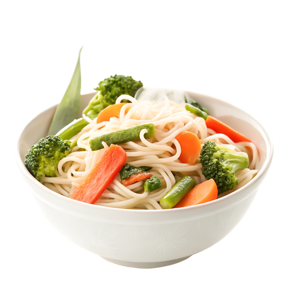 Steaming Bowl of Noodles with Mixed Vegetables Healthy Asian Cuisine png
